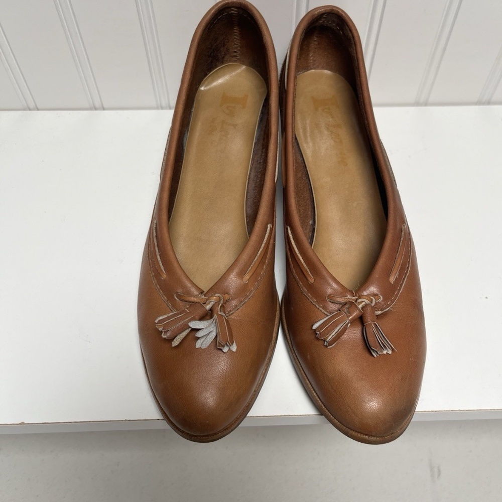 Vintage 90s Y2K Ivy League Leather Tan Brown Stacked Heel W/Tassels Size 8B